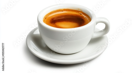 A rich espresso shot with a smooth crema, served in a small white cup, isolated on a white background