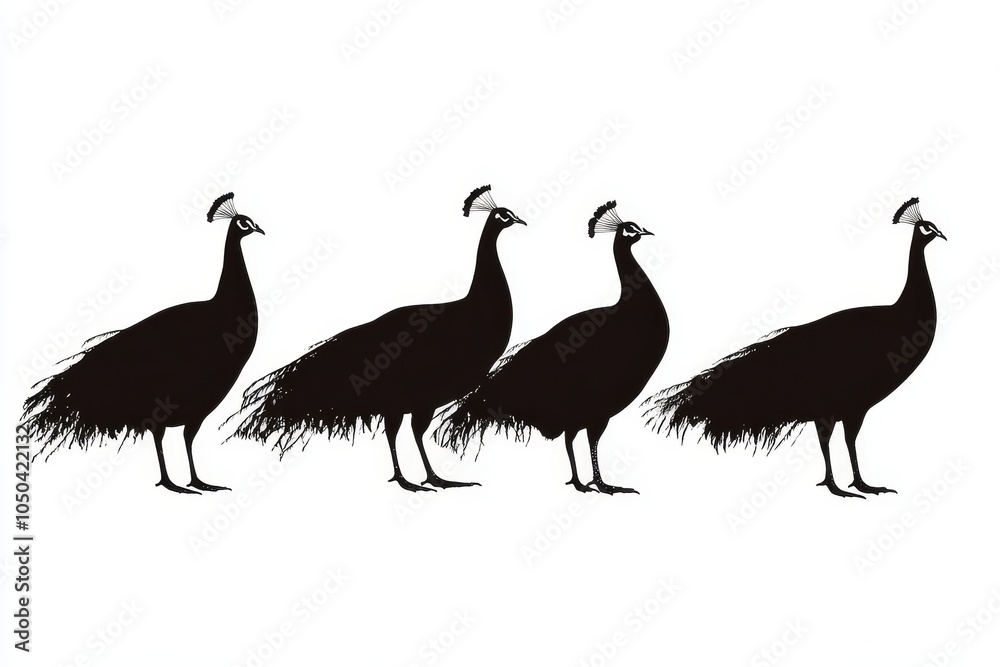 Obraz premium A striking silhouette of four peacocks standing in a row, symbolizing unity, grace, elegance, pride, and beauty.