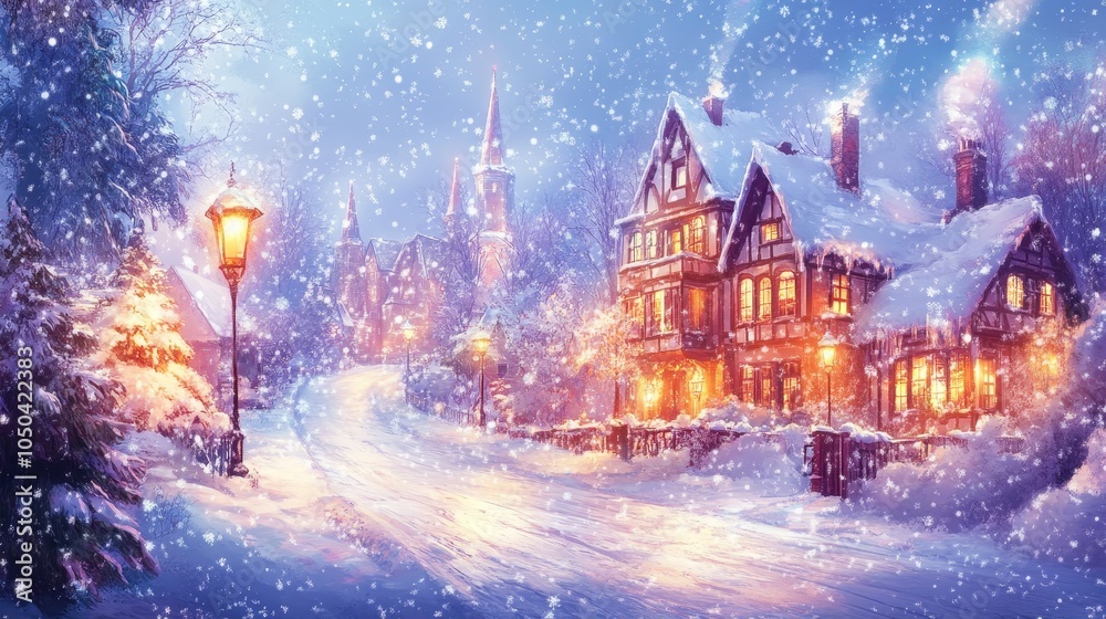 A charming winter village street scene with snow falling, cozy houses, and a magical atmosphere. The scene evokes a sense of warmth and tranquility. A charming winter village street scene with snow falling, cozy houses, and a magical atmosphere. The scene evokes a sense of warmth and tranquility.