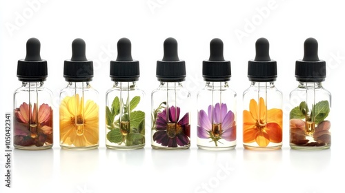 A set of Bach flower remedies in small dropper bottles, isolated on a white background