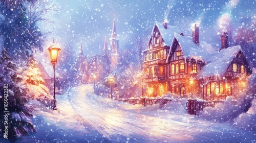 A charming winter village street scene with snow falling, cozy houses, and a magical atmosphere. The scene evokes a sense of warmth and tranquility.