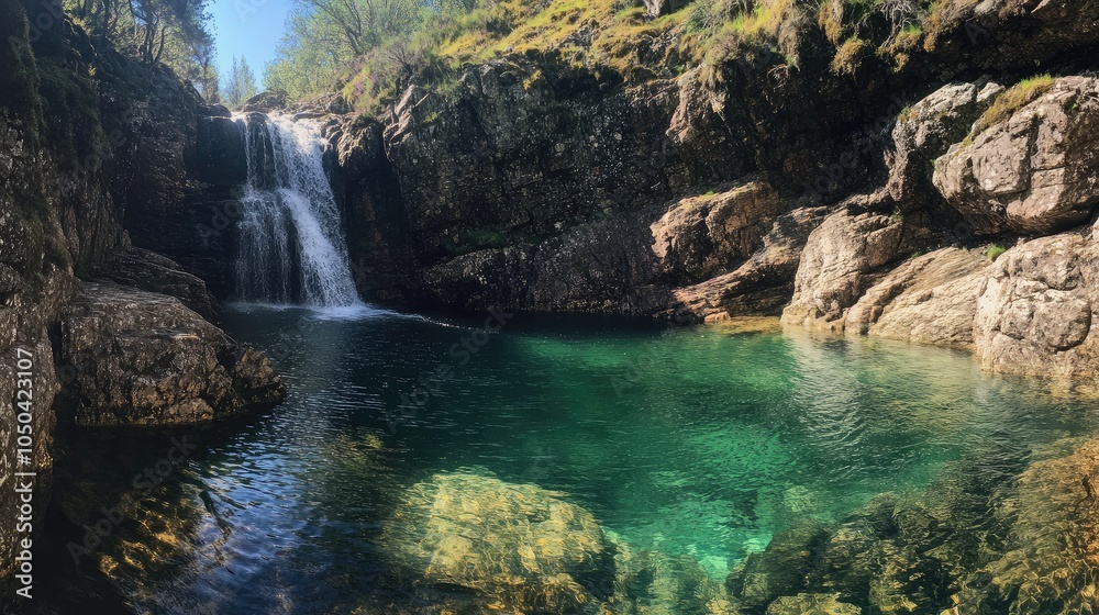 Panoramic view of the Fairy Pools with multiple waterfalls flowing into the tranquil, blue-green waters below. No people included. Panoramic view of the Fairy Pools with multiple waterfalls flowing into the tranquil, blue-green waters below. No people included.