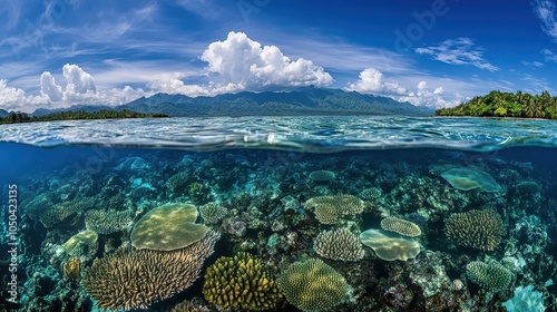 Pristine Underwater Coral Reef: Split-shot Landscape Showcasing Azure Depths, Morning Light, and Vibrant Marine Life in National Geographic Style. Large Format Clarity.