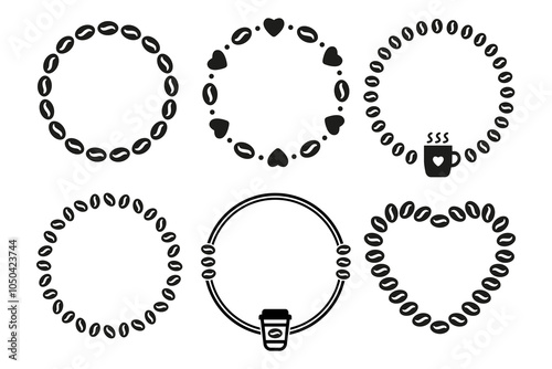 Set of simple round and heart shaped coffee frames in flat style. Circle coffee beans vector design. Decorative elements for cafe and restaurant menu, banners, posters, invitations, packaging