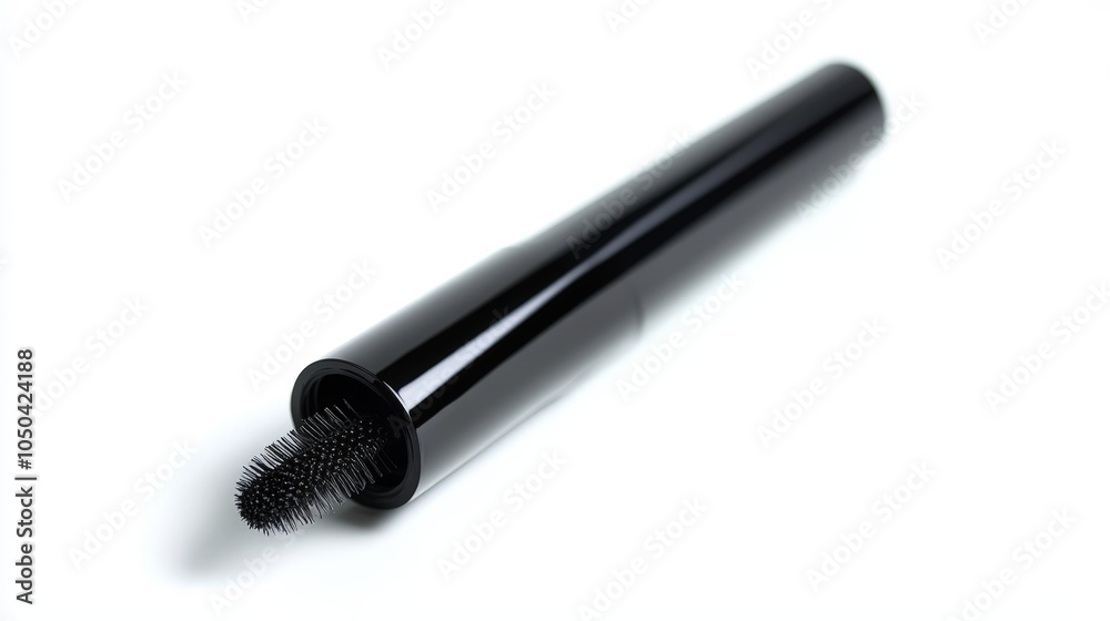 A sleek black mascara tube with the wand inside, isolated on a white background A sleek black mascara tube with the wand inside, isolated on a white background