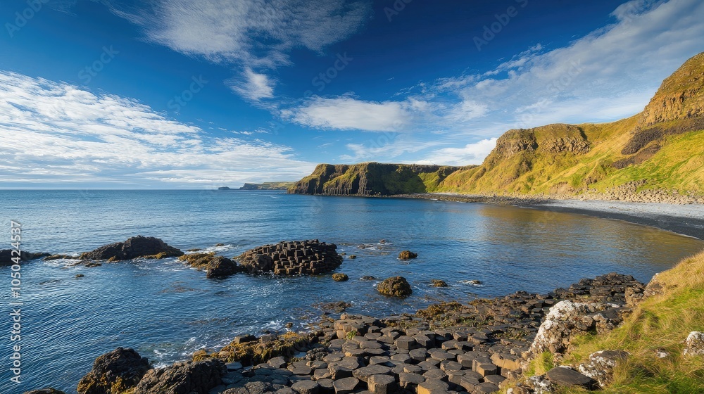 Obraz premium Scenic view of the Giant's Causeway, with its iconic stone pillars and rugged coastal scenery under a bright blue sky. No people included.