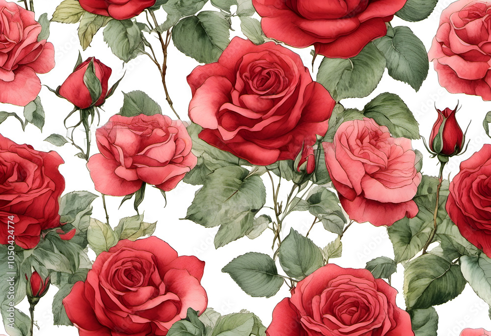 A watercolor painting of a blooming red rose with green leaves and buds. A watercolor painting of a blooming red rose with green leaves and buds.