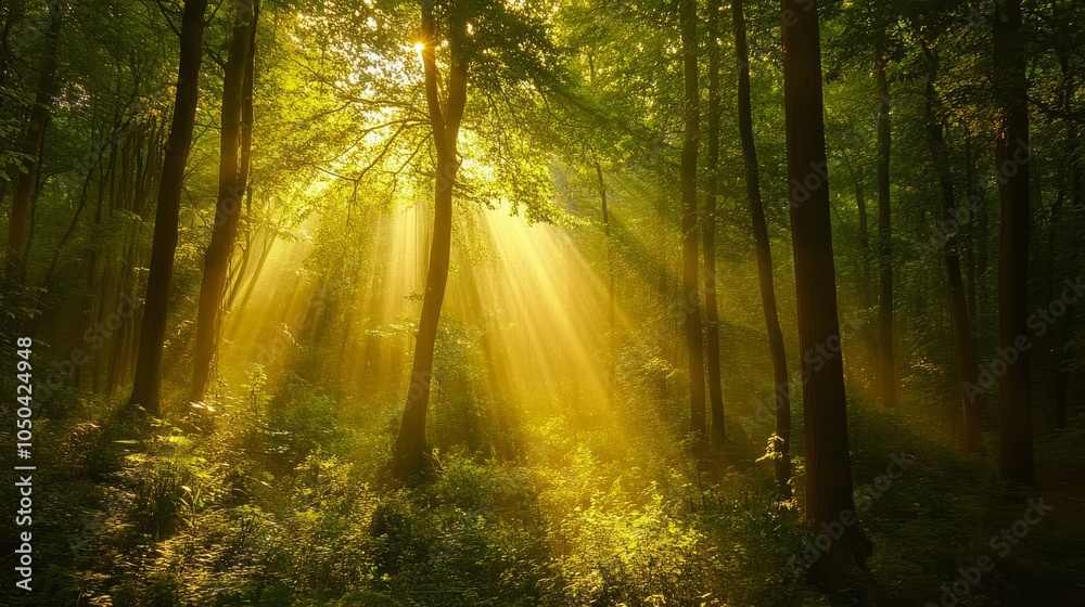Obraz premium Sunlight streams through the canopy of a lush forest, creating a magical atmosphere. The golden rays illuminate the leaves, creating a breathtaking scene. The forest is a place of peace and tranquilit