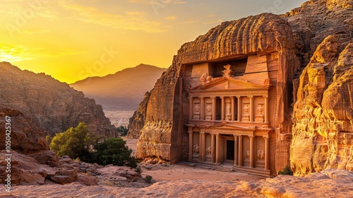 Sunset over Petra ancient ruins, casting golden light on the carved stone and surrounding desert landscape. No people included. photo