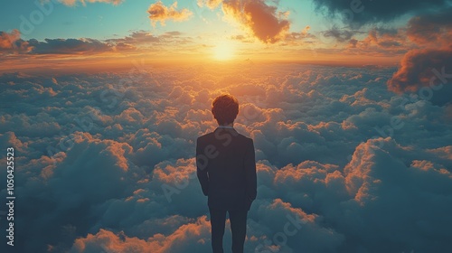 A man is standing in the sky, looking down at the clouds