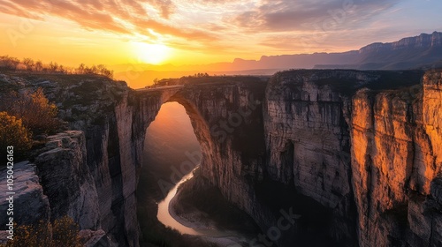 Sunset over the Three Natural Bridges in China, casting a golden glow on the cliffs and arches, with a river flowing peacefully below. No people included.