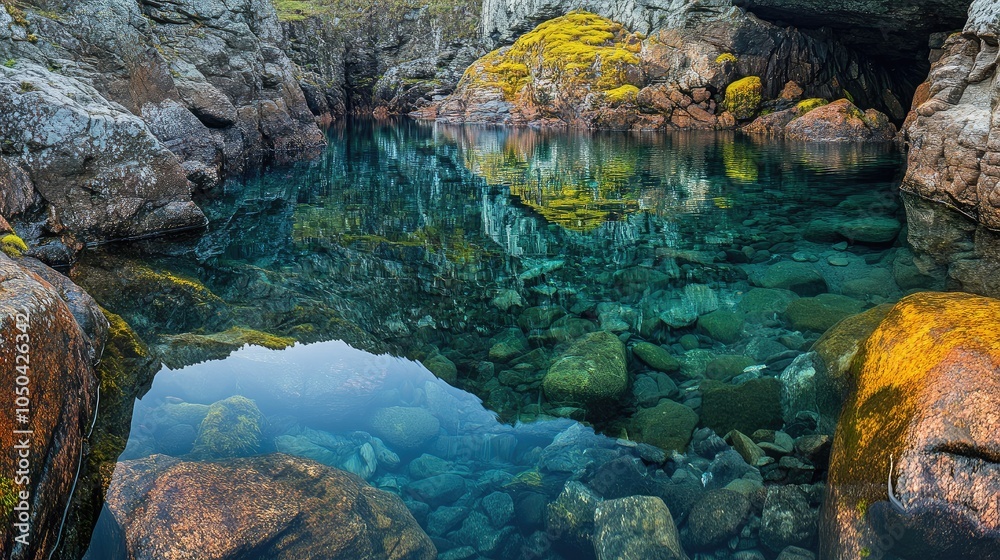 The Fairy Pools in the Scottish Highlands, surrounded by mossy rocks, with clear water reflecting the natural beauty. No people included.