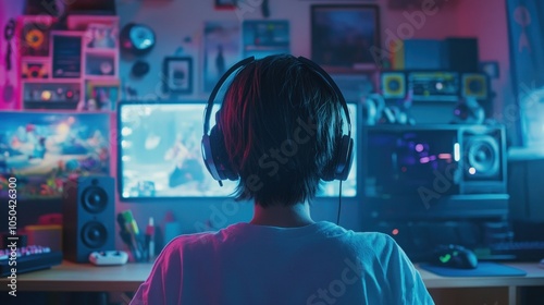 A person gaming with headphones in a colorful, tech-filled room.