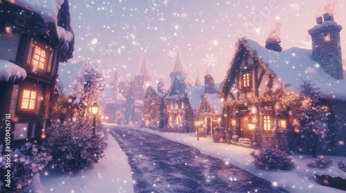 A charming snow-covered village street with charming houses adorned with twinkling lights, creating a magical Christmas atmosphere. The scene evokes a sense of wonder, warmth, and holiday cheer.