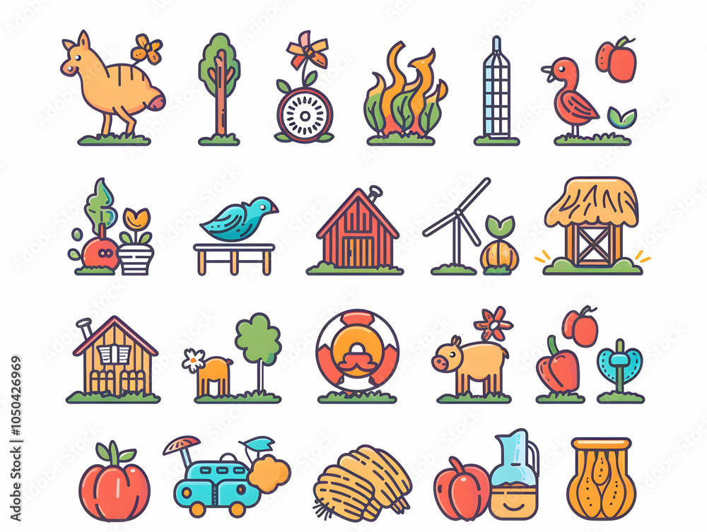 Obraz premium A set of 24 colorful outline icons representing various farm animals, plants, fruits, vegetables, buildings, and other items related to farm life.