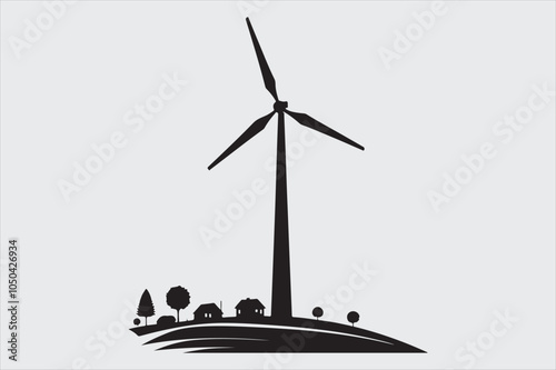 Black and white silhouette of two wind turbines.