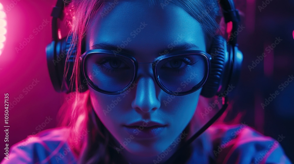 A focused gamer wearing glasses and headphones in a vibrant, colorful setting. A focused gamer wearing glasses and headphones in a vibrant, colorful setting.