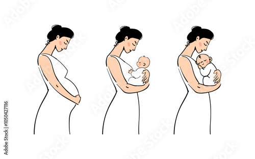 Mother s day. Pregnancy and motherhood illustration set, pregnant woman, mother with child. Hand drawn vector sketch. Vector isolated