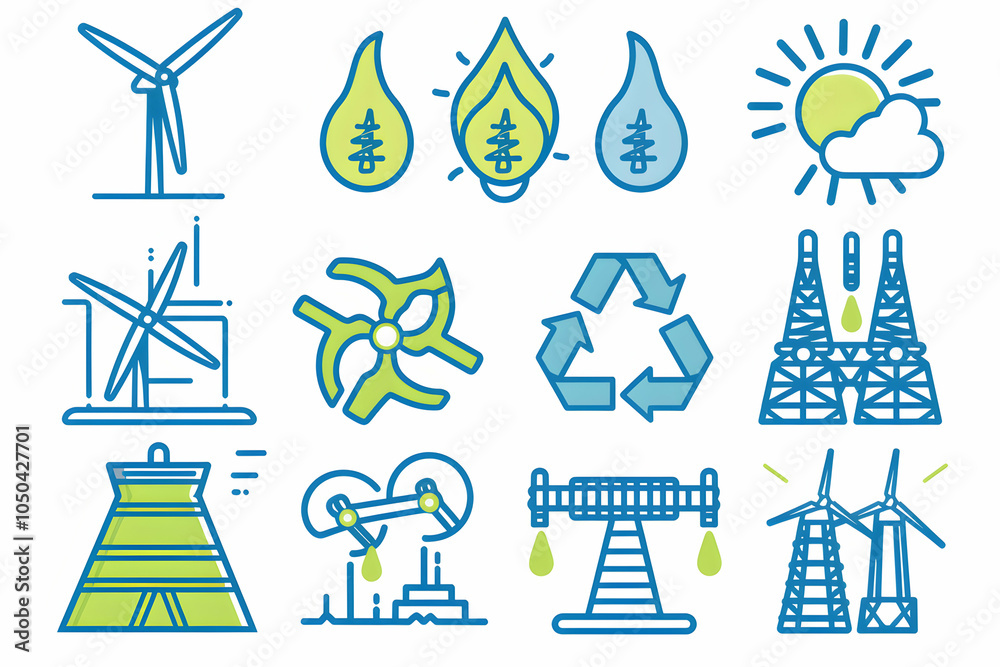 A set of 12 green energy icons in a line style design. A set of 12 green energy icons in a line style design.
