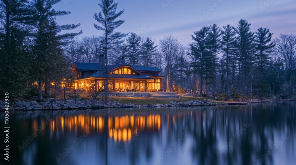 Fototapeta premium A modern cozy lakefront cabin with large windows overlooking a calm lake, surrounded by tall trees under a twilight sky. The home features a warm inviting interior with natural light.