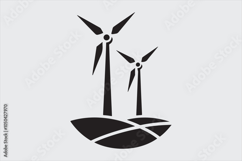 Black and white silhouette of two wind turbines.