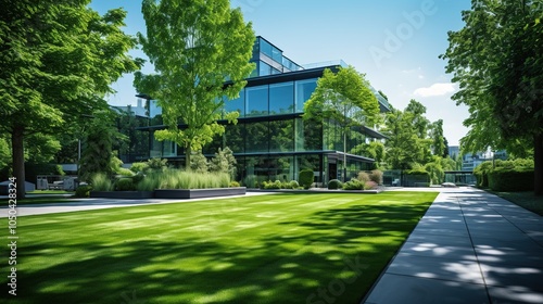 Modern Office Building with Lush Greenery