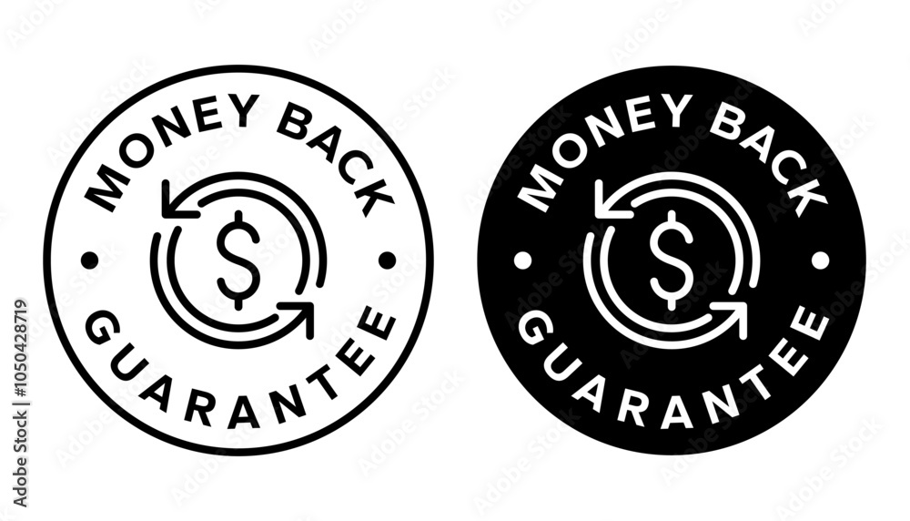 Money back Guarantee icon. Badge e commerce and Shopping cart icons line set. Money back logo design. Vector Illustration Money back Guarantee icon. Badge e commerce and Shopping cart icons line set. Money back logo design. Vector Illustration