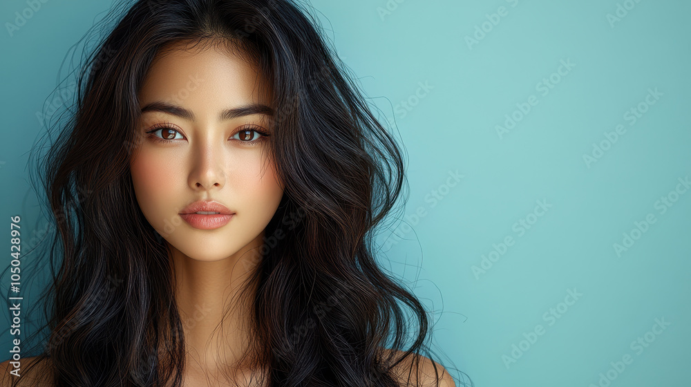 Naklejka premium young Asian woman with long black wavy hair and serene expression poses against light blue background, showcasing her natural beauty and confidence