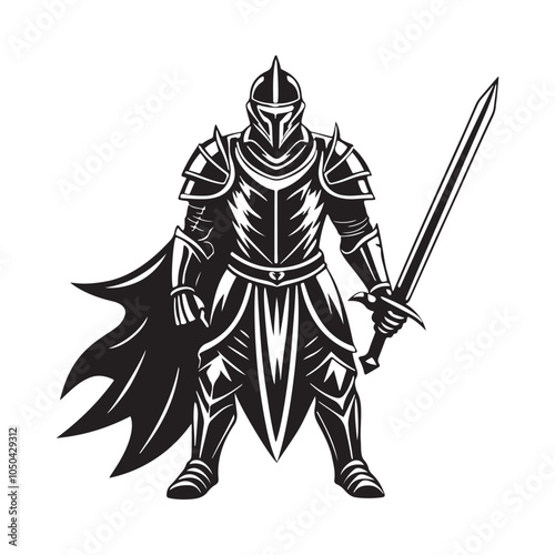 Silhouette of Medieval Knight Holding Sword.