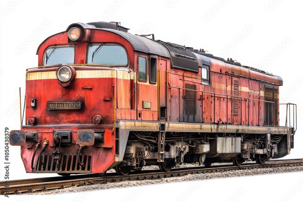 A powerful red diesel locomotive, isolated on a white background, ready to transport cargo or passengers. This image symbolizes strength, transportation, industry, power, and travel. A powerful red diesel locomotive, isolated on a white background, ready to transport cargo or passengers. This image symbolizes strength, transportation, industry, power, and travel.