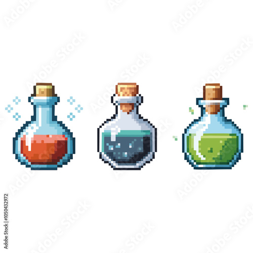 Pixel art 8bit potions set. 8 bit retro game style elixirs in glass bottles.