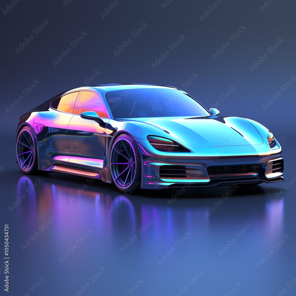 3D rendering of blue gradient car with holographic metallic paint.