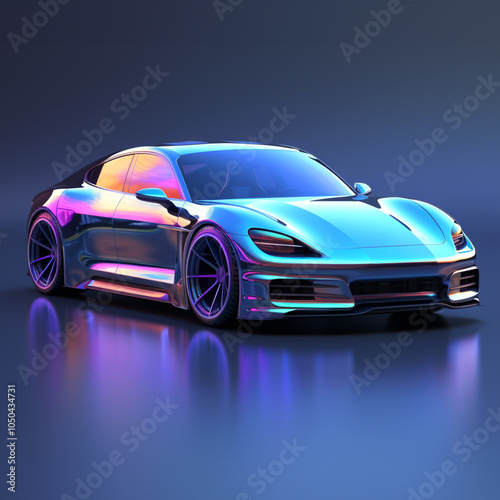 3D rendering of blue gradient car with holographic metallic paint.