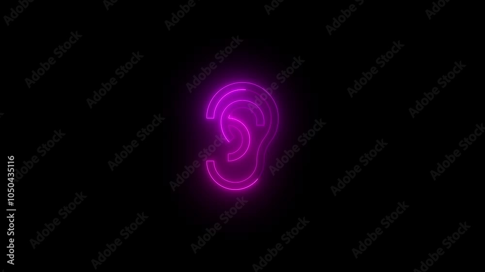 Neon ear icon glowing black background animation Neon ear icon glowing black background animation
