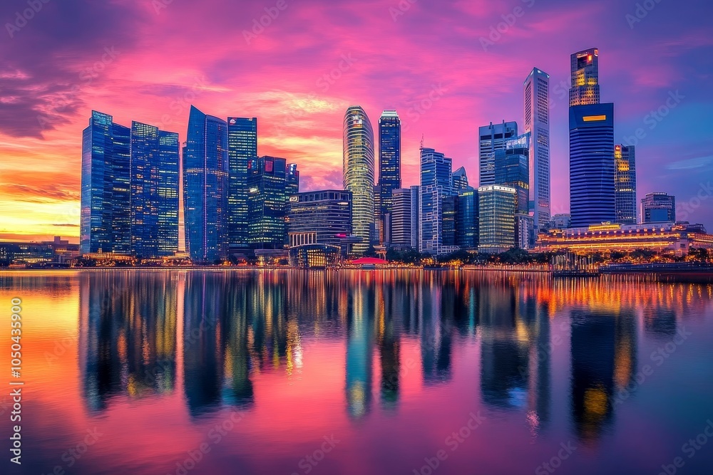 Obraz premium Vibrant Cityscape at Sunset Showcasing Skyscrapers, a beautiful sunset over a city skyline with modern skyscrapers, reflection in water, urban, architecture, cityscape.