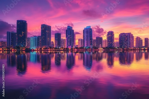 A breathtaking view of a modern city skyline at sunset, with skyscrapers reflecting in the calm water, showcasing a vibrant urban landscape with warm colors and a sense of peace.