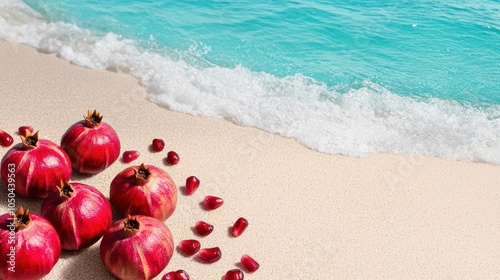 Red pomegranates on sandy beach with turquoise water in the background. photo