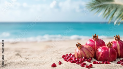 Pomegranates on sandy beach, tropical ocean background. photo