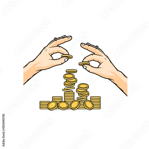 hands stacking and dropping gold coins, piles of gold coins vector illustration