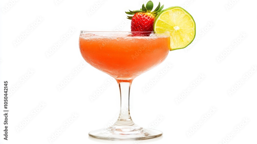 A tropical daiquiri with a garnish of lime and strawberry, served in a cocktail glass, isolated on a white background A tropical daiquiri with a garnish of lime and strawberry, served in a cocktail glass, isolated on a white background