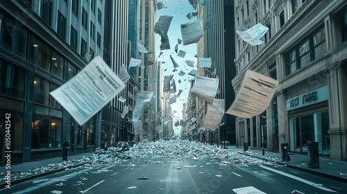 Papers swirling through an empty city street, creating a chaotic scene.