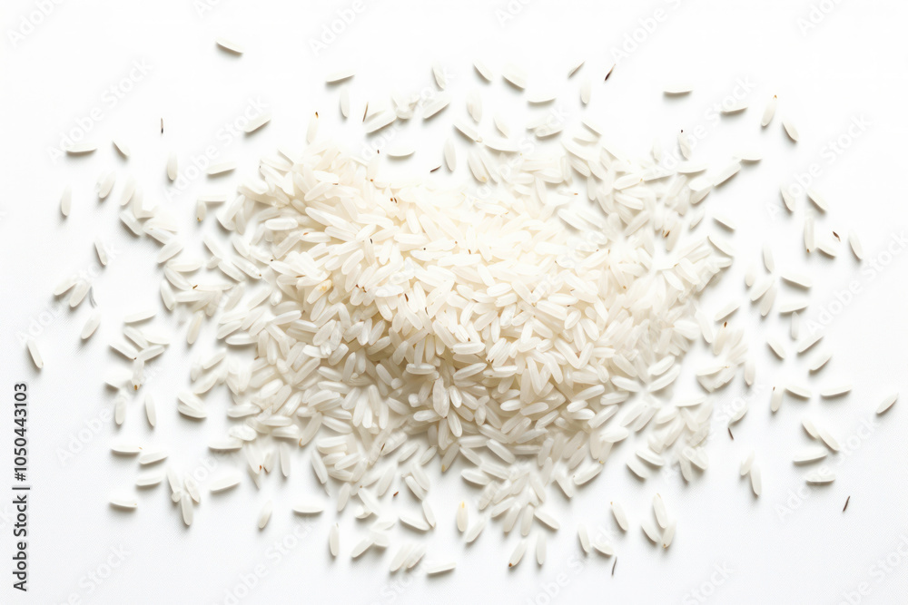 Top-down perspective of scattered jasmine rice spread out evenly across a white surface isolated on white background Top-down perspective of scattered jasmine rice spread out evenly across a white surface isolated on white background