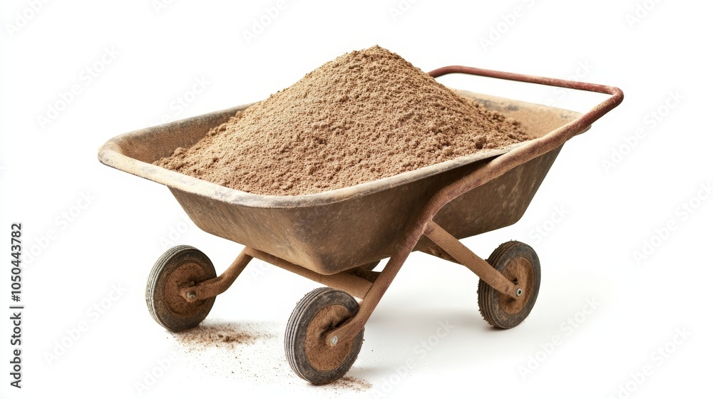 A wheelbarrow filled with sand, ready for transport, isolated on a white background A wheelbarrow filled with sand, ready for transport, isolated on a white background