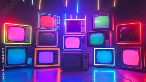 Vintage televisions illuminated with colorful neon lights.