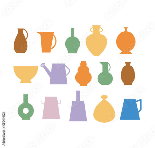 Hand drawn Various ceramic Vases. Different shapes. Colored silhouettes. Antique, ancient ceramics. Pottery concept. Trendy illustration.