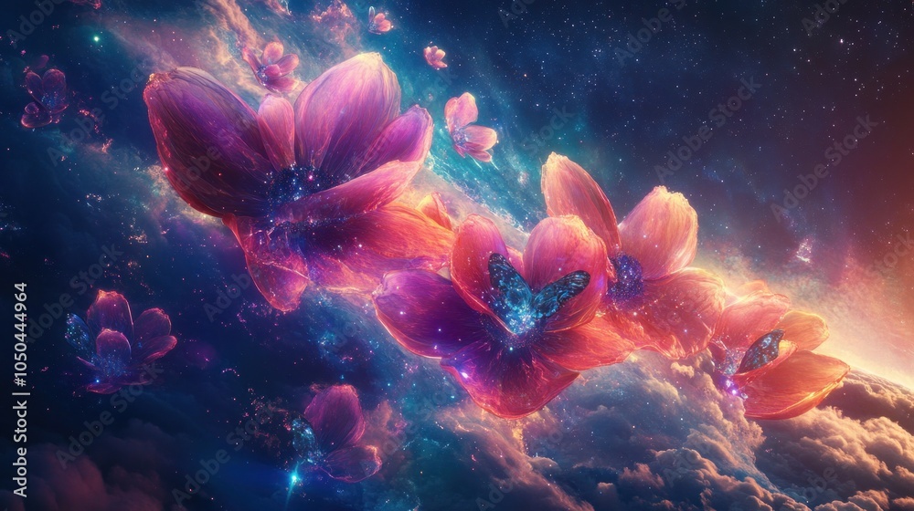 Naklejka premium A cosmic scene featuring vibrant, glowing flowers amidst a starry background.