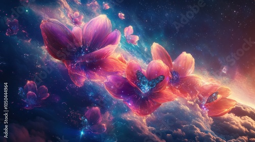 A cosmic scene featuring vibrant, glowing flowers amidst a starry background.