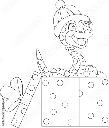 Cute snake in Christmas box. Vector hand drawn Illustration isolated on white Background.