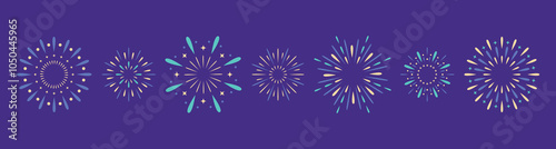 Exploding festival fireworks set Isolated on purple background. Flat style. Design concept for holiday banner, poster, flyer, greeting card, decorative elements. Happy New Year poster. Diwali card