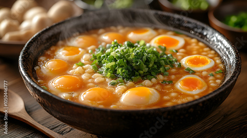 Raclette Ramen – A Steaming Bowl of Ramen Topped with Melted Cheese, Eggs, and Grilled Vegetables, Fusing Japanese Cuisine with a European Twist for a Unique Culinary Experience 